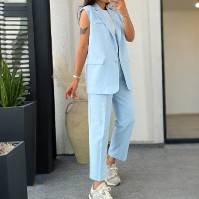 Conjunto de 2 Piezas para Mujer con Estilo: Blazer Sin Mangas y Pantalones de Cintura Alta