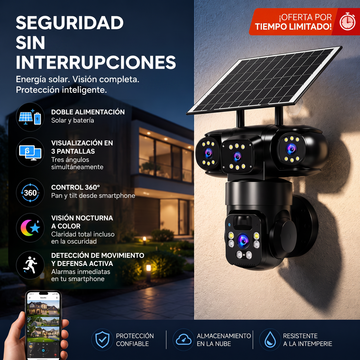 Juego de cámaras de seguridad inalámbricas con energía solar y alarma