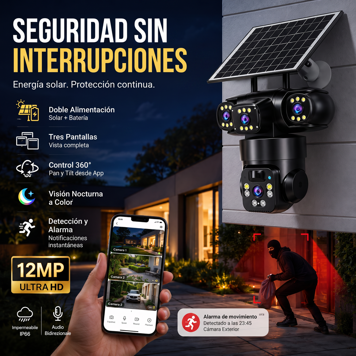 Juego de cámaras de seguridad inalámbricas con energía solar y alarma