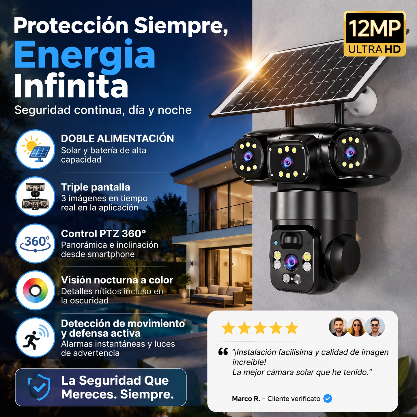 Juego de cámaras de seguridad inalámbricas con energía solar y alarma