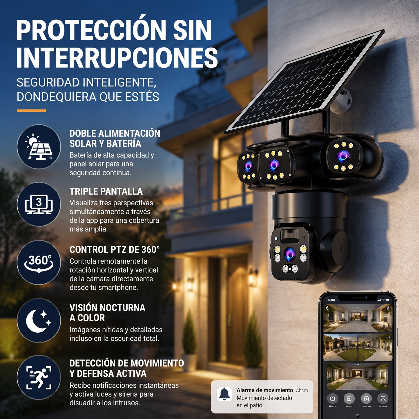 Juego de cámaras de seguridad inalámbricas con energía solar y alarma