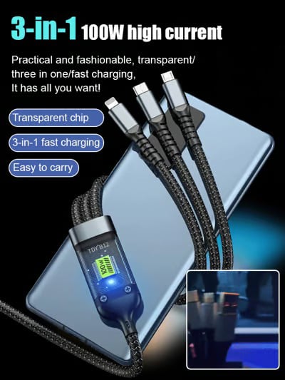 ✨Transparante lichtgevende 100w Super snel opladen drie-in-een datakabel⚡