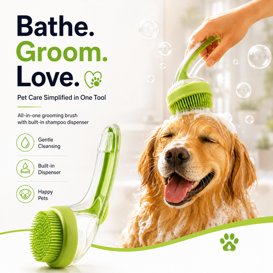Cepillo de baño para mascotas con mango largo y dispensador de champú