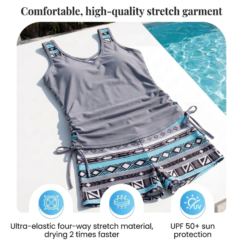 ⏰LAST DAY 50% OFF - Miraclesuit Women's Tummy Control Tankini Set with Built-In Bra – Flattering Boho Swimwear with Shorts🔥