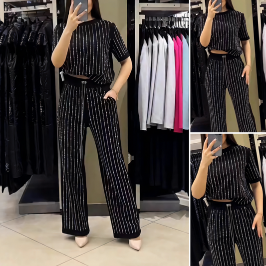 🌸2025 Hot Sale👠Dames fonkelende strass gestreepte tweedelige set