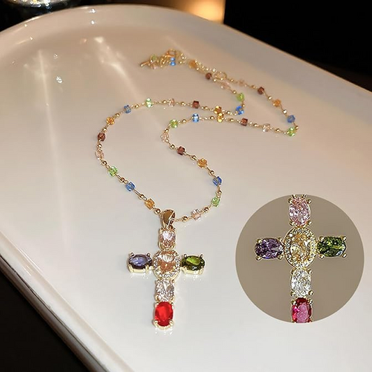 💍 ¡OFERTA RELÁMPAGO 50% DE DESCUENTO! ✨ Collar de Cruz de Pedrería Multicolor – Colgante Simbólico, Cadena Ajustable 51cm, Aleación Ligera y Brillante ✨