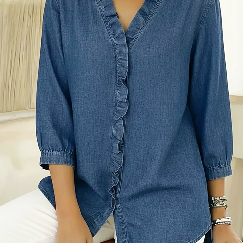 👕 Blusa de Mezclilla para Mujer – Cuello V con Volantes, Manga 3/4, Doble Bajo, Tela Transpirable, Tallas S-3XL