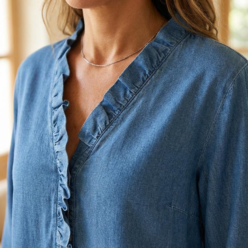 👕 Blusa de Mezclilla para Mujer – Cuello V con Volantes, Manga 3/4, Doble Bajo, Tela Transpirable, Tallas S-3XL