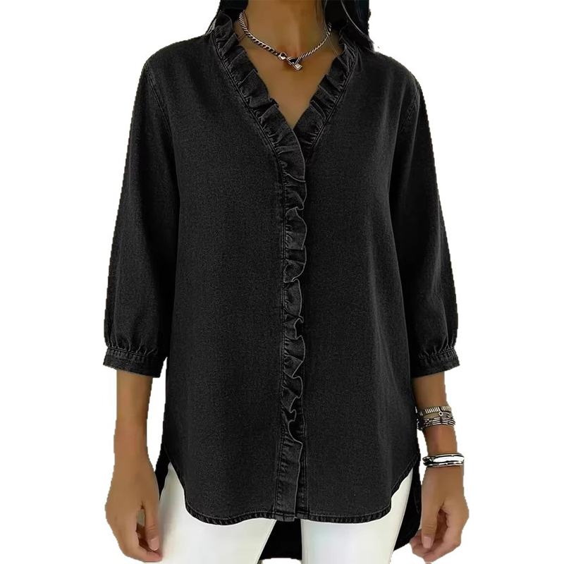 👕 Blusa de Mezclilla para Mujer – Cuello V con Volantes, Manga 3/4, Doble Bajo, Tela Transpirable, Tallas S-3XL