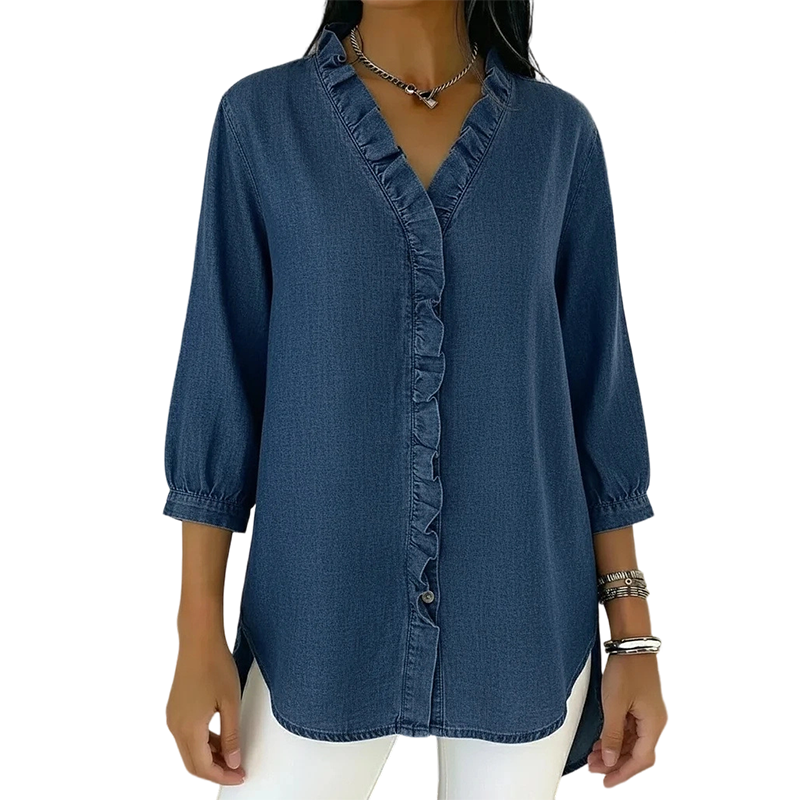 👕 Blusa de Mezclilla para Mujer – Cuello V con Volantes, Manga 3/4, Doble Bajo, Tela Transpirable, Tallas S-3XL
