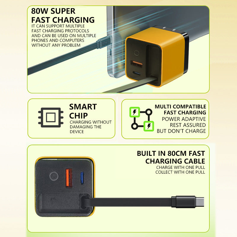 ⚡🔥 ¡50% DE DESCUENTO! Cargador de Pared 65W con Cable USB-C Retráctil de 80 cm – Carga Rápida para Móvil, Tablet y Laptop, Compacto y Seguro 📱🔌