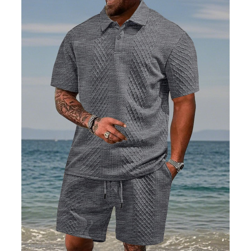 Conjunto masculino de 2 piezas con estampado de rombos: camiseta de manga corta con cuello vuelto y pantalones cortos con cordón ajustabl