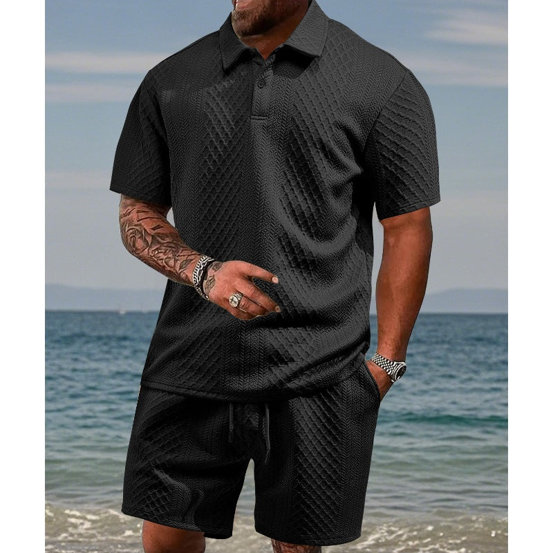 Conjunto masculino de 2 piezas con estampado de rombos: camiseta de manga corta con cuello vuelto y pantalones cortos con cordón ajustabl