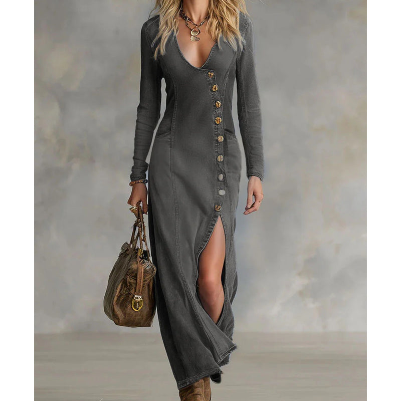 👗 Vestido Maxi de Manga Larga con Cuello en V para Mujer – Elegante y Cómodo para Todo Momento ✨🌸