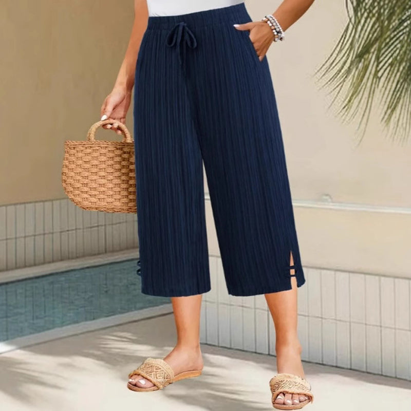 📢📢 ¡50% DE DESCUENTO !!!⏰ Pantalones Capri de Pierna Ancha con Canalé para Mujer con Bolsillos