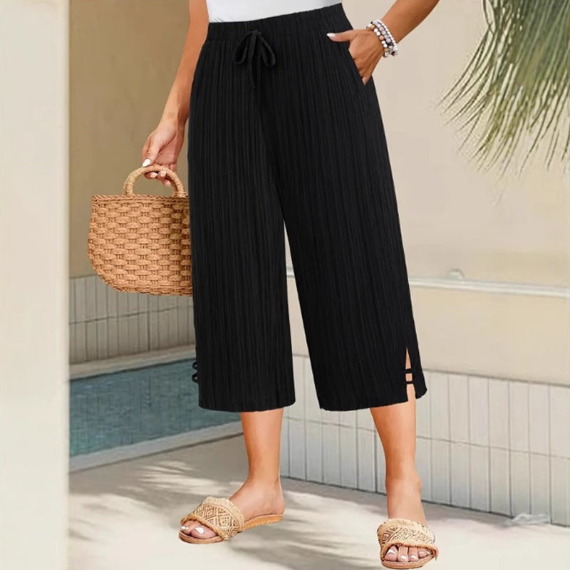 📢📢 ¡50% DE DESCUENTO !!!⏰ Pantalones Capri de Pierna Ancha con Canalé para Mujer con Bolsillos