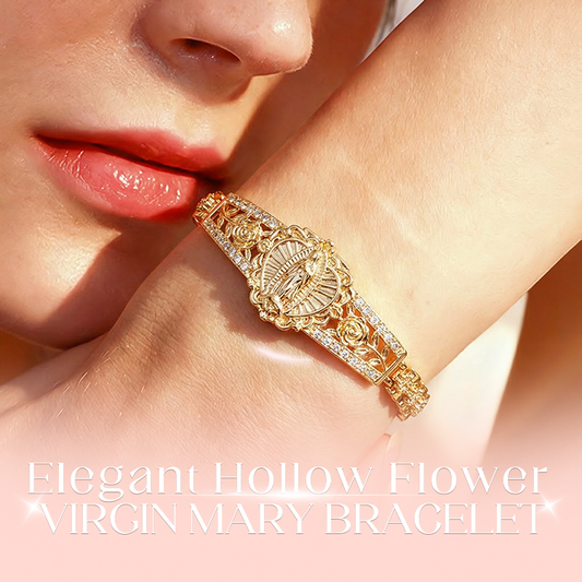 🌼 ¡OFERTA POR TIEMPO LIMITADO 54% DE DESCUENTO! ✨ Pulsera Elegante de Flor Hueca con la Virgen María – Diseño de Filigrana, Cobre Chapado en Oro 🕊️