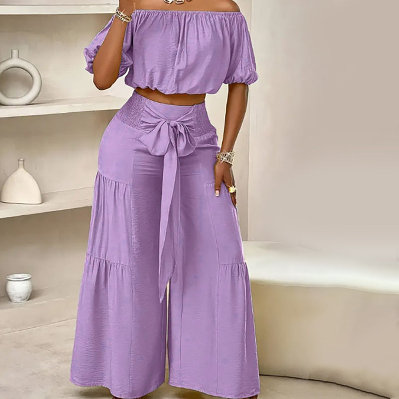 Top de manga abullonada con hombros descubiertos y pantalón de pierna ancha Conjunto de 2 piezas