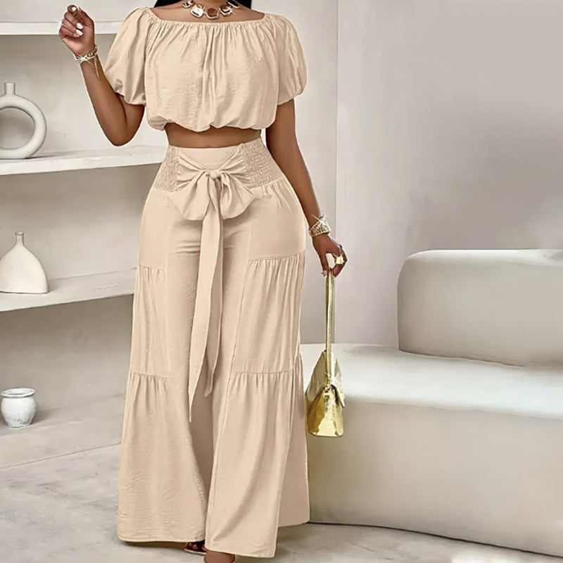 Top de manga abullonada con hombros descubiertos y pantalón de pierna ancha Conjunto de 2 piezas