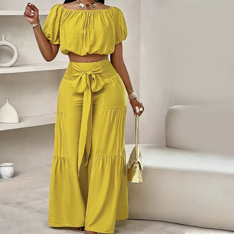 Top de manga abullonada con hombros descubiertos y pantalón de pierna ancha Conjunto de 2 piezas