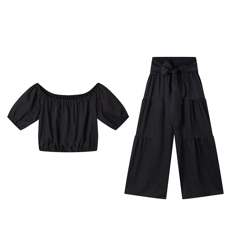 Top de manga abullonada con hombros descubiertos y pantalón de pierna ancha Conjunto de 2 piezas