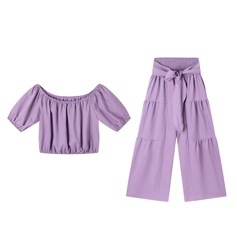Top de manga abullonada con hombros descubiertos y pantalón de pierna ancha Conjunto de 2 piezas