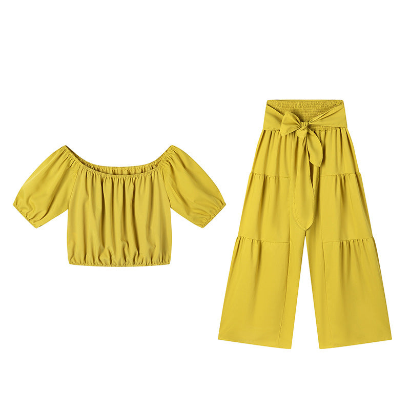 Top de manga abullonada con hombros descubiertos y pantalón de pierna ancha Conjunto de 2 piezas