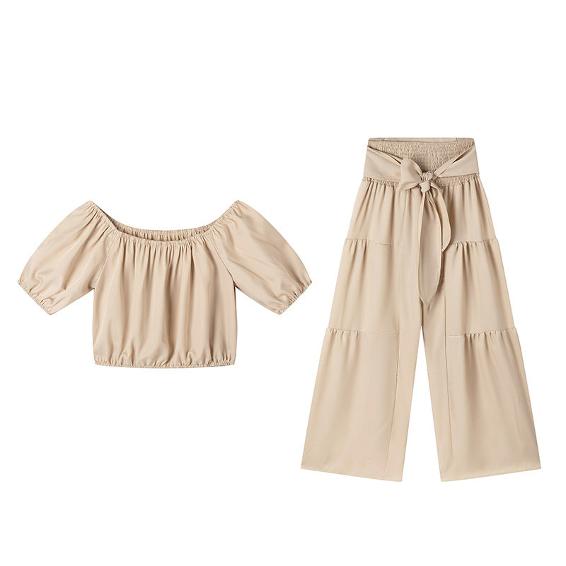 Top de manga abullonada con hombros descubiertos y pantalón de pierna ancha Conjunto de 2 piezas
