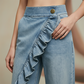 👖 ¡50% DE DESCUENTO AHORA! 💙 Pantalones Vaqueros de Pierna Ancha con Volante Asimétrico para Mujer – Talle Alto, Denim Premium y Bolsillos Funcionales ✨