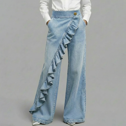 👖 ¡50% DE DESCUENTO AHORA! 💙 Pantalones Vaqueros de Pierna Ancha con Volante Asimétrico para Mujer – Talle Alto, Denim Premium y Bolsillos Funcionales ✨