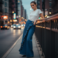 👖 ¡50% DE DESCUENTO AHORA! 💙 Pantalones Vaqueros de Pierna Ancha con Volante Asimétrico para Mujer – Talle Alto, Denim Premium y Bolsillos Funcionales ✨