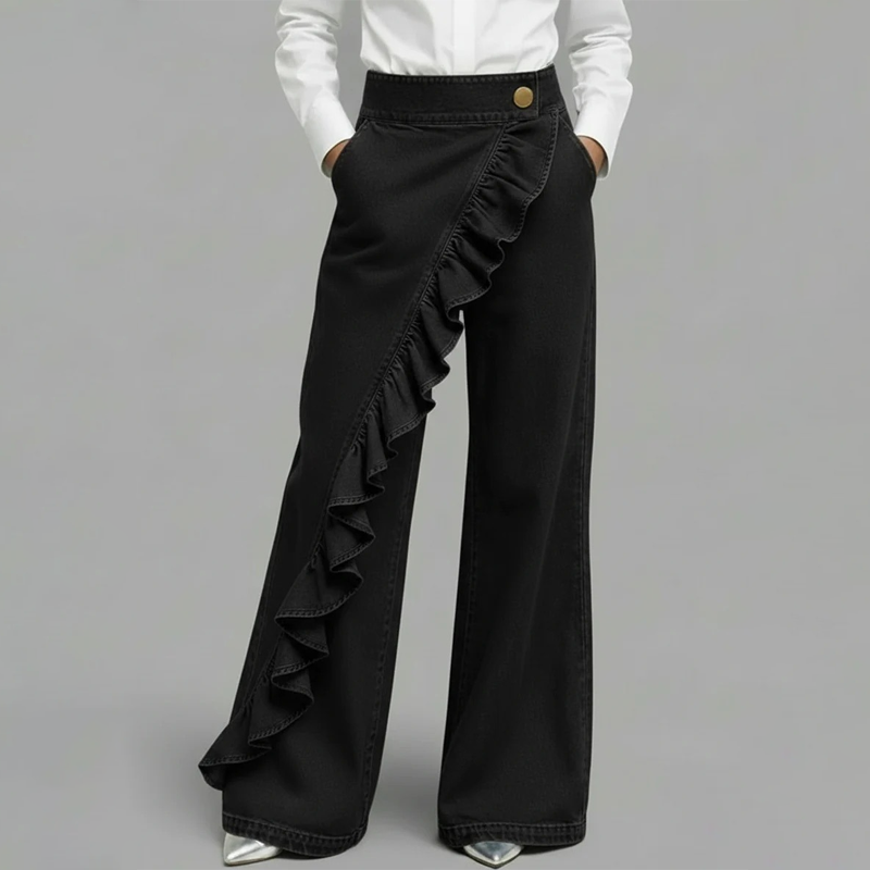 👖 ¡50% DE DESCUENTO AHORA! 💙 Pantalones Vaqueros de Pierna Ancha con Volante Asimétrico para Mujer – Talle Alto, Denim Premium y Bolsillos Funcionales ✨