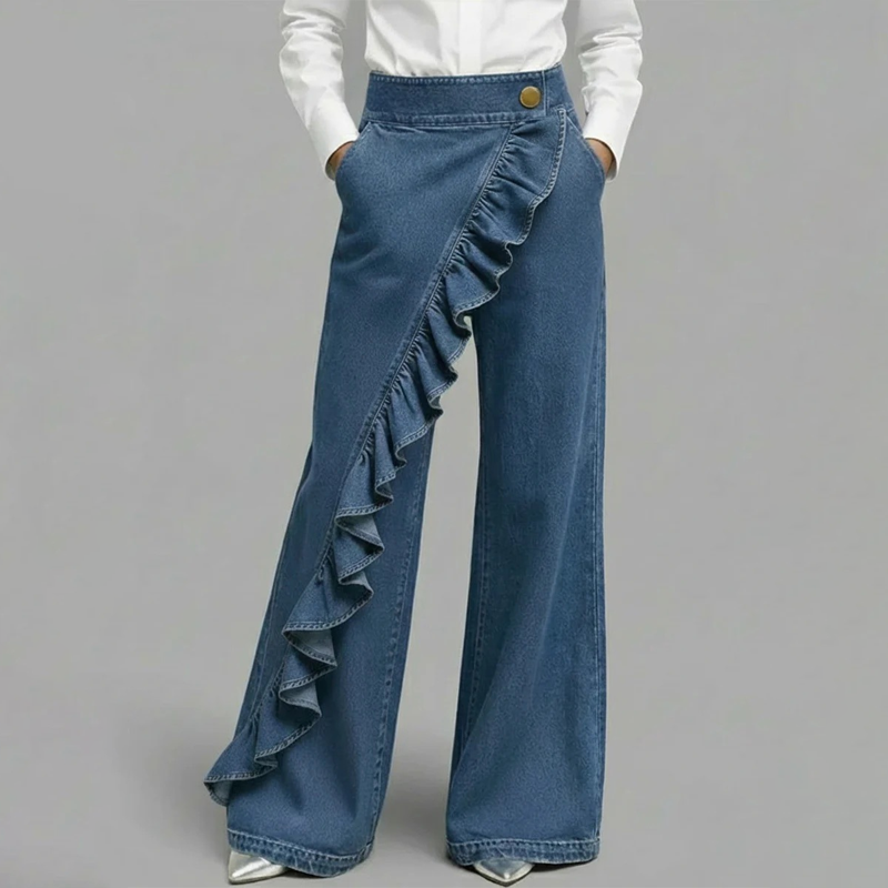 👖 ¡50% DE DESCUENTO AHORA! 💙 Pantalones Vaqueros de Pierna Ancha con Volante Asimétrico para Mujer – Talle Alto, Denim Premium y Bolsillos Funcionales ✨