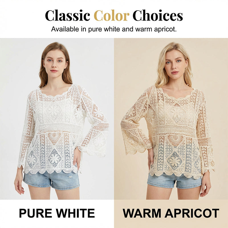 👒 ¡TIEMPO LIMITADO 50% DE DESCUENTO! 🌊 Blusa Cubre-Bikíni de Encaje Estilo Vintage para Mujer – Mangas Acampanadas, Ropa de Playa Bohemia 🌸
