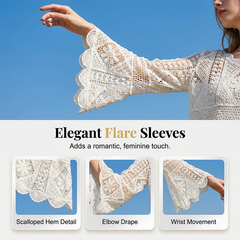 👒 ¡TIEMPO LIMITADO 50% DE DESCUENTO! 🌊 Blusa Cubre-Bikíni de Encaje Estilo Vintage para Mujer – Mangas Acampanadas, Ropa de Playa Bohemia 🌸