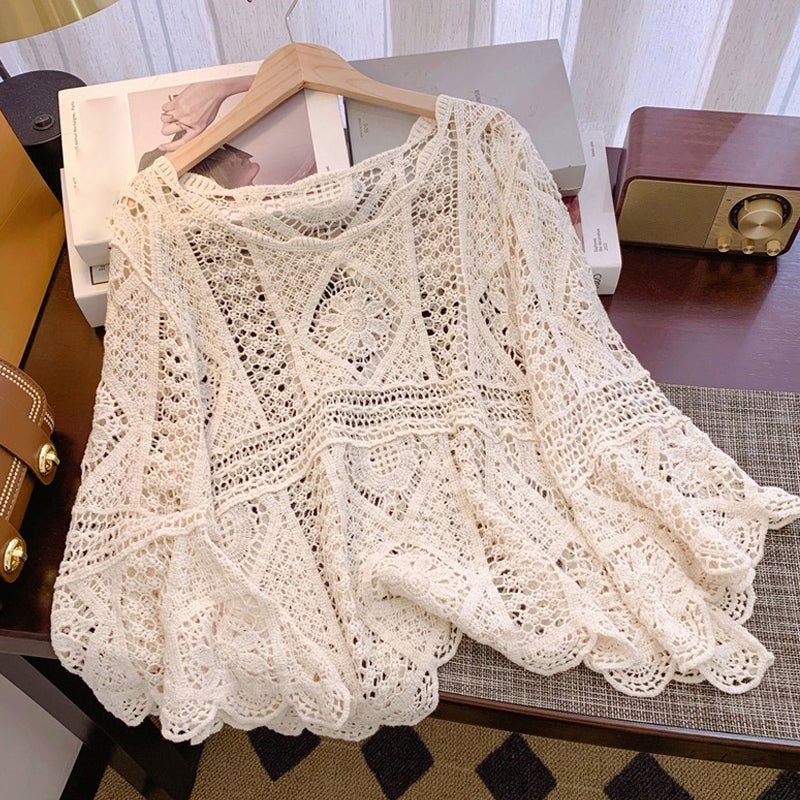 👒 ¡TIEMPO LIMITADO 50% DE DESCUENTO! 🌊 Blusa Cubre-Bikíni de Encaje Estilo Vintage para Mujer – Mangas Acampanadas, Ropa de Playa Bohemia 🌸