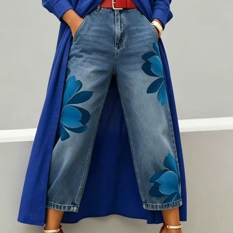 Jeans de Pierna Ancha con Flores Artísticas para Mujer