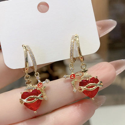💍 ¡TIEMPO LIMITADO 50% DESCUENTO! ✨ Pendientes de Corazón Rojo y Cruz – Inspiración Vintage, Delicados, Simbólicos ✝️