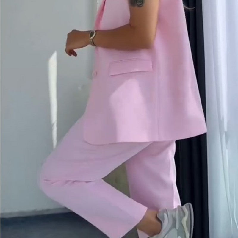 Conjunto de 2 Piezas para Mujer con Estilo: Blazer Sin Mangas y Pantalones de Cintura Alta