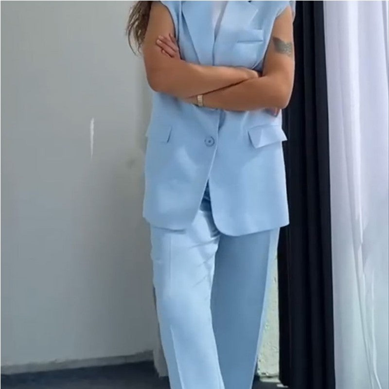 Conjunto de 2 Piezas para Mujer con Estilo: Blazer Sin Mangas y Pantalones de Cintura Alta