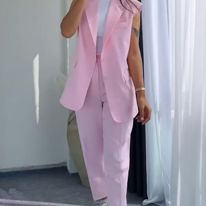 Conjunto de 2 Piezas para Mujer con Estilo: Blazer Sin Mangas y Pantalones de Cintura Alta