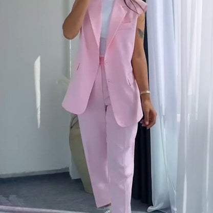 Conjunto de 2 Piezas para Mujer con Estilo: Blazer Sin Mangas y Pantalones de Cintura Alta
