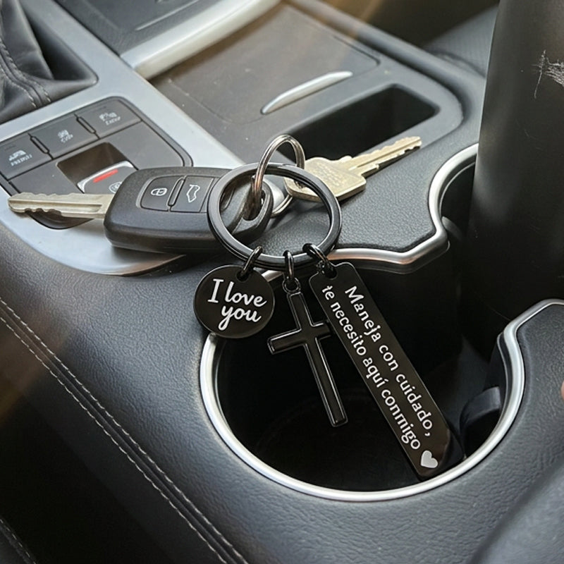 Llavero de Cruz de Acero Inoxidable con Mensaje "Drive Safe"