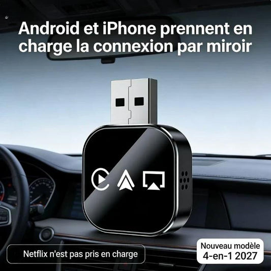 🔥🚗 －50% ! Adaptateur CarPlay Sans Fil 4-en-1 – Convertit CarPlay Filaire en Sans Fil, Plug & Play, Compact & Stable, Compatible iPhone/Android Auto 📱