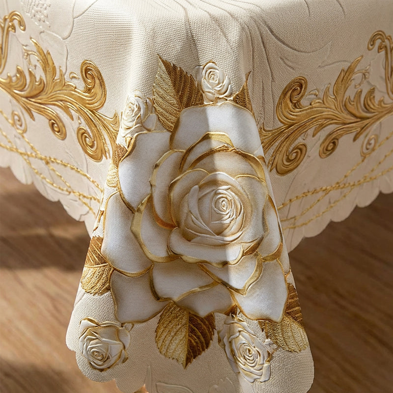 🌸🍽️ 50% OFF! Waterproof Gold Rose Tablecloth – Embossed Effect, Stain-Resistant, Elegant