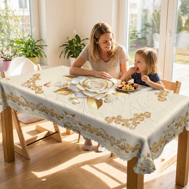🌸🍽️ 50% OFF! Waterproof Gold Rose Tablecloth – Embossed Effect, Stain-Resistant, Elegant